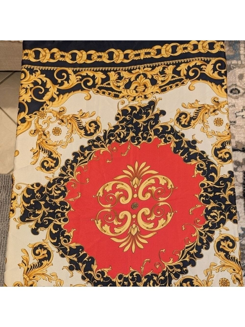 Vintage Italian Scarf Red Black Gold Cream Polyester 35 Inch - Picture 2 of 6